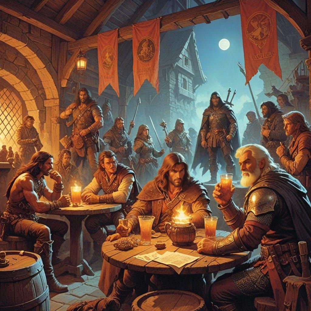 Fantasy Adventurers Gather in a Medieval Tavern