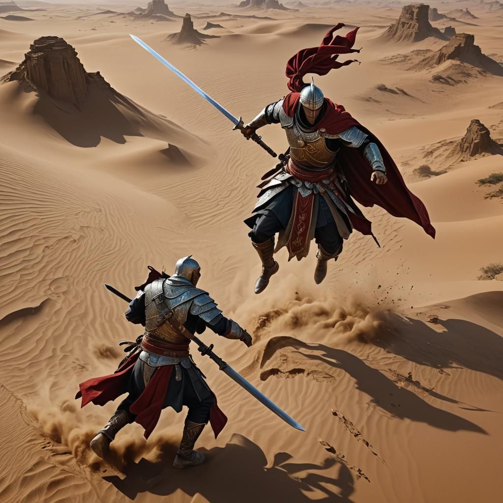 Warrior Leaping Over Foe in Swirling Sands