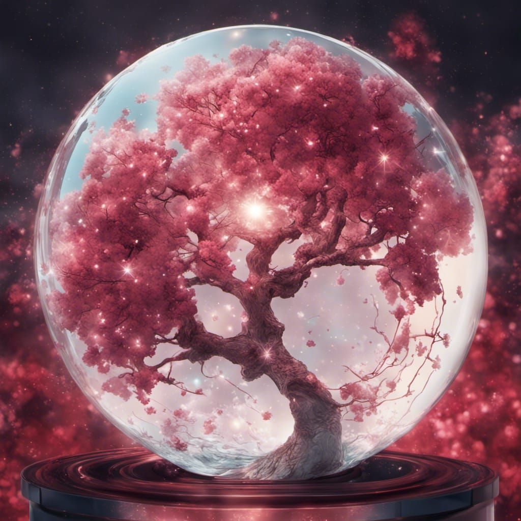 Blossoming Tree in Glass Sphere Macro Photograph