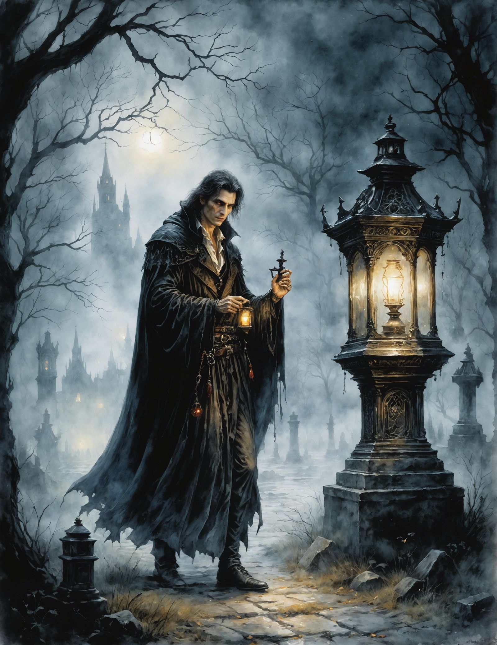 Vampire in Graveyard with Lantern: Dark Fantasy Art