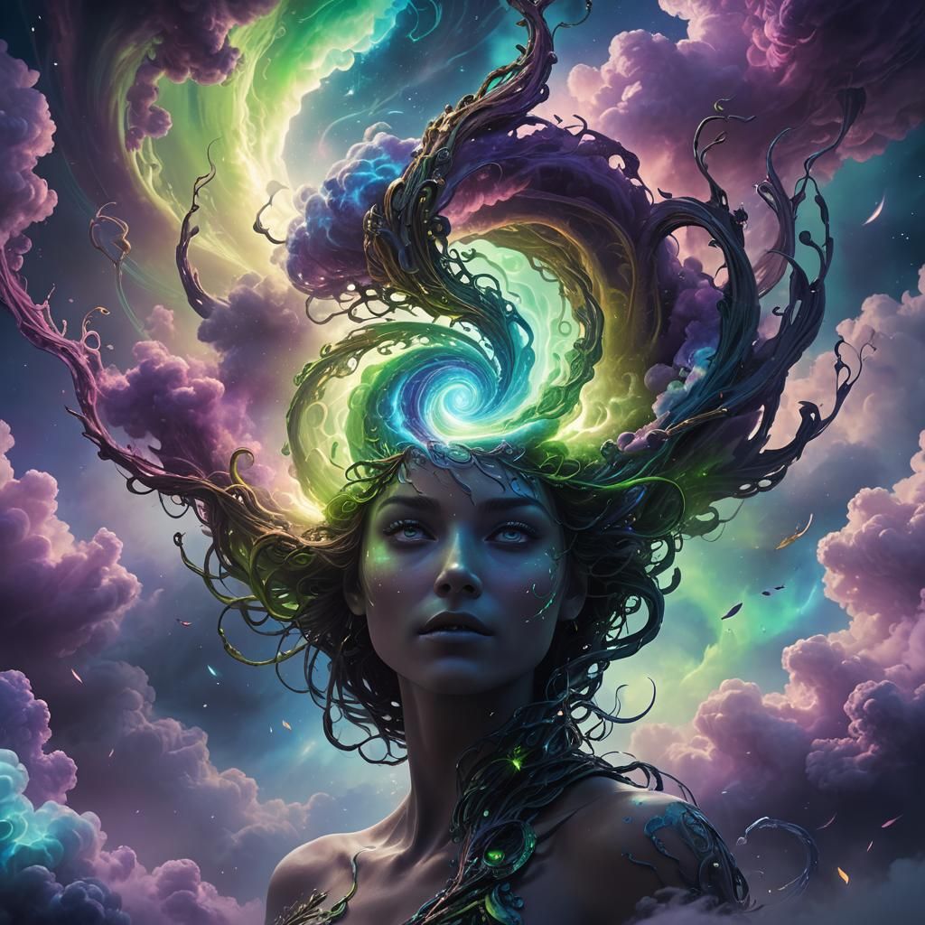 Glowing Entity in Iridescent Clouds: Art Deco Matte Painting