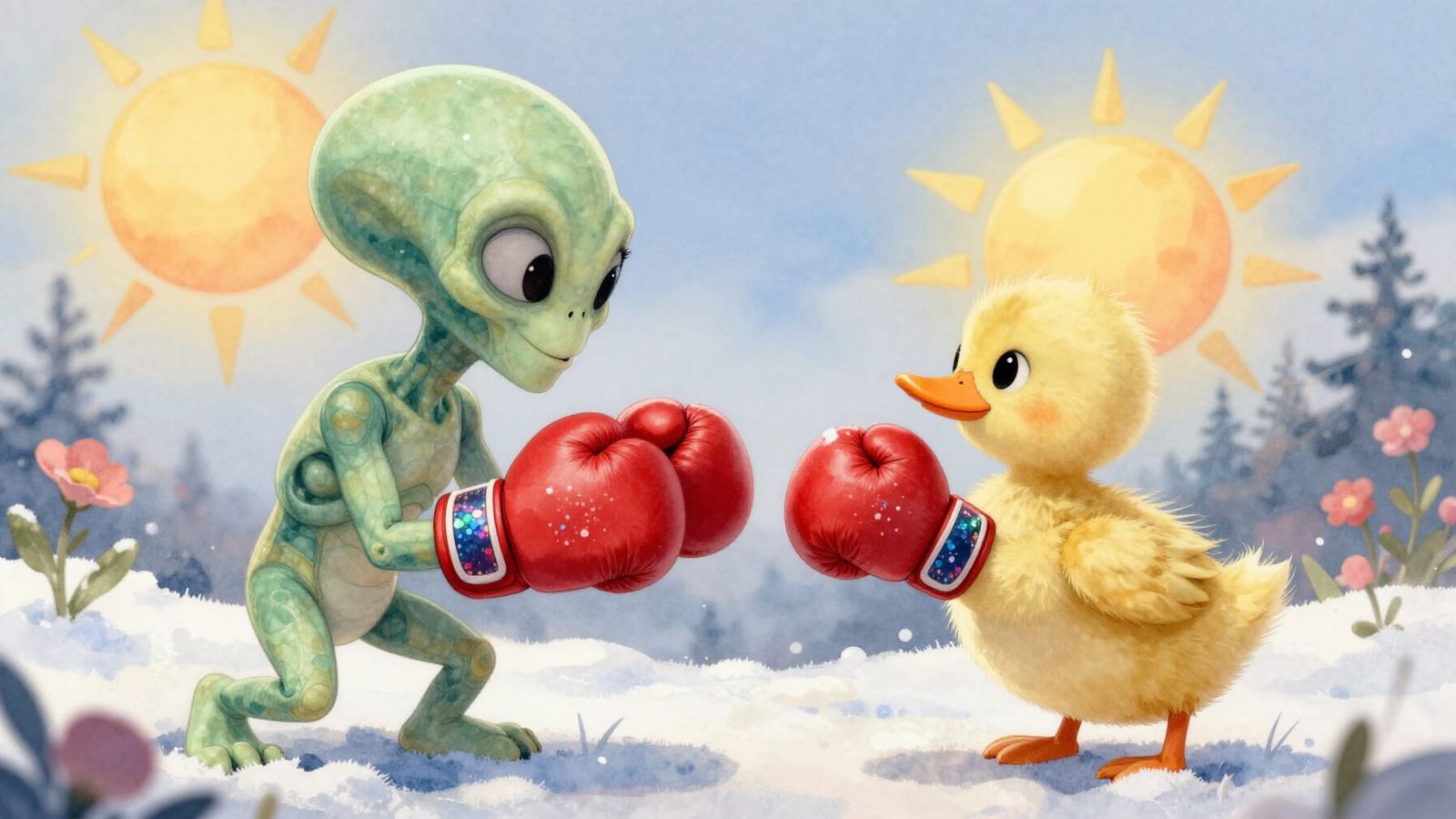 Alien and Duckling Boxing Match in Snowy Fantasy Landscape