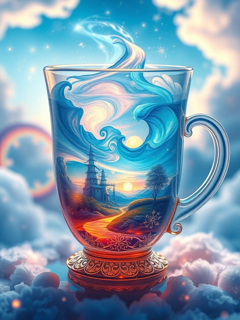 Ethereal Sunset Dreamscape in Vibrant Stained Glass Style