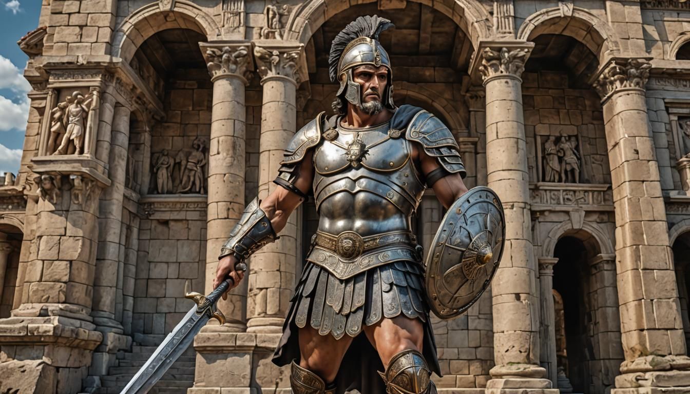 Colossal Roman Warrior Guards Ancient Castle