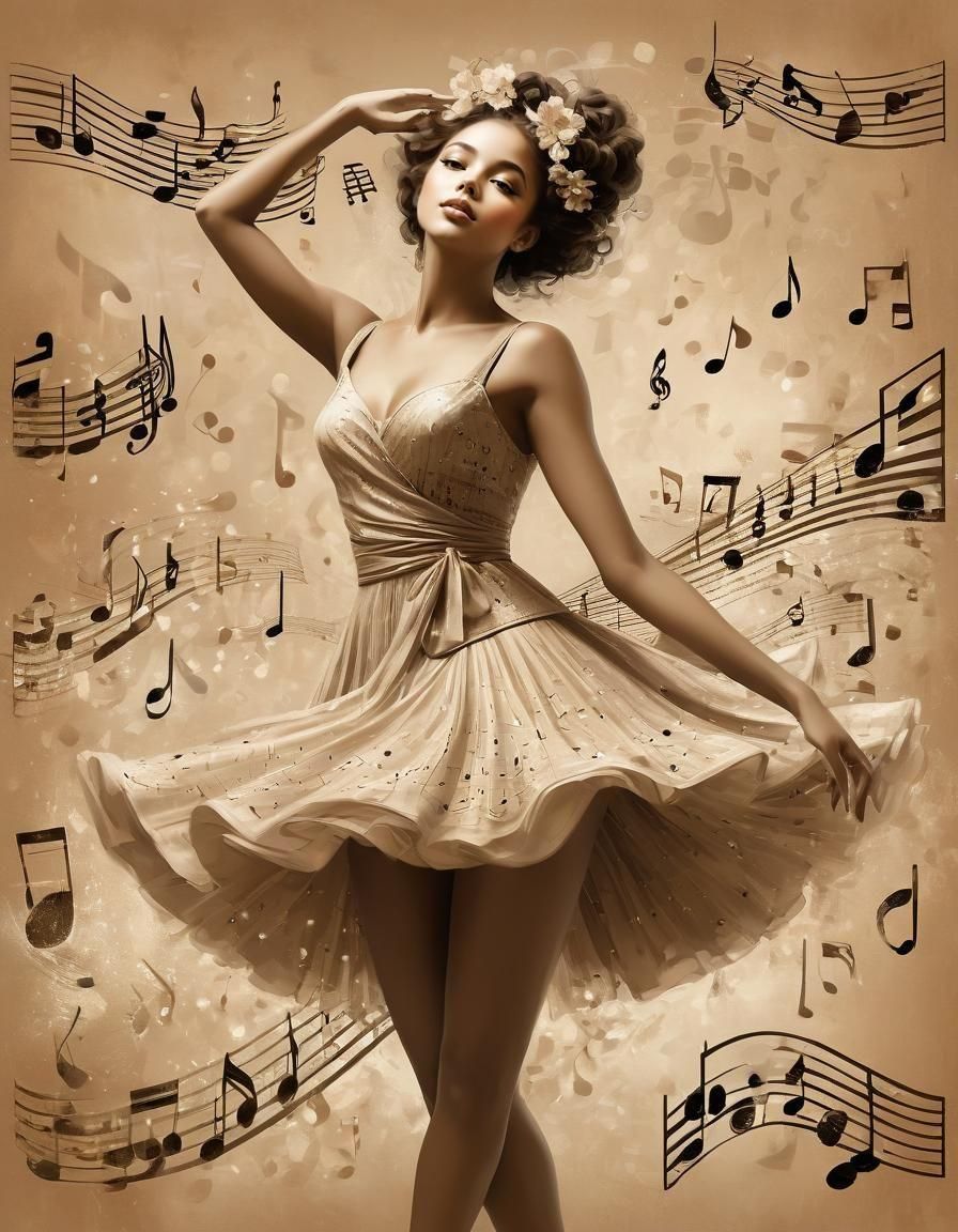 Vintage-Inspired Painting of a Dancing Girl with Musical Not...