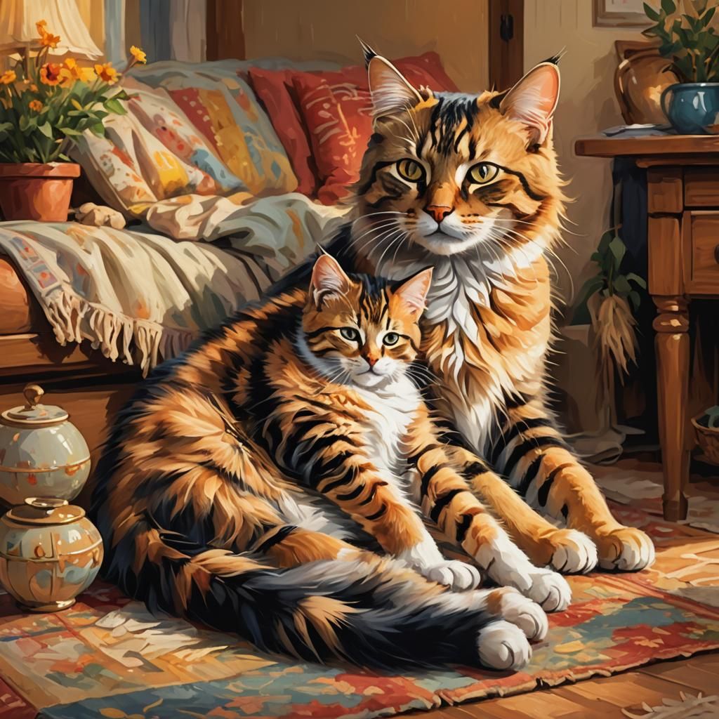 Cat Giving Birth: Impressionistic Digital Painting