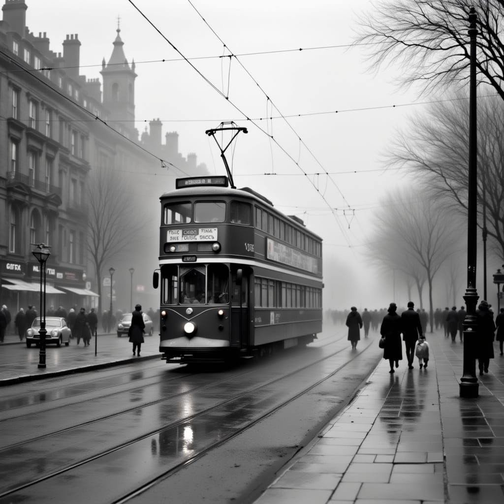 Vibrant Watercolor Scottish Tram in Smoggy Glasgow