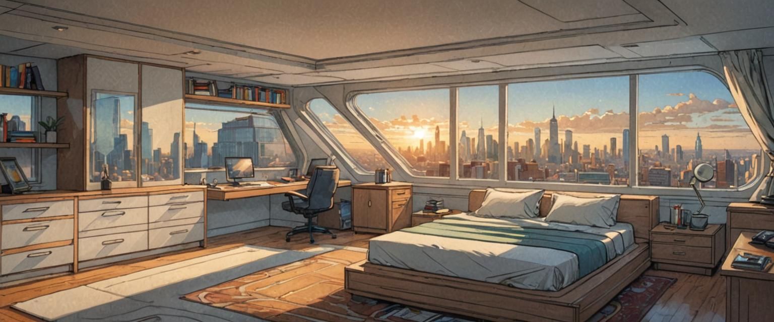 Minimalist Bedroom with City View in Comic Art Style