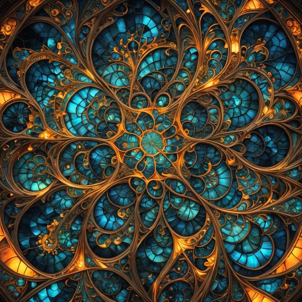 Bioluminescent Stained Glass Fractal Art in Surreal Style
