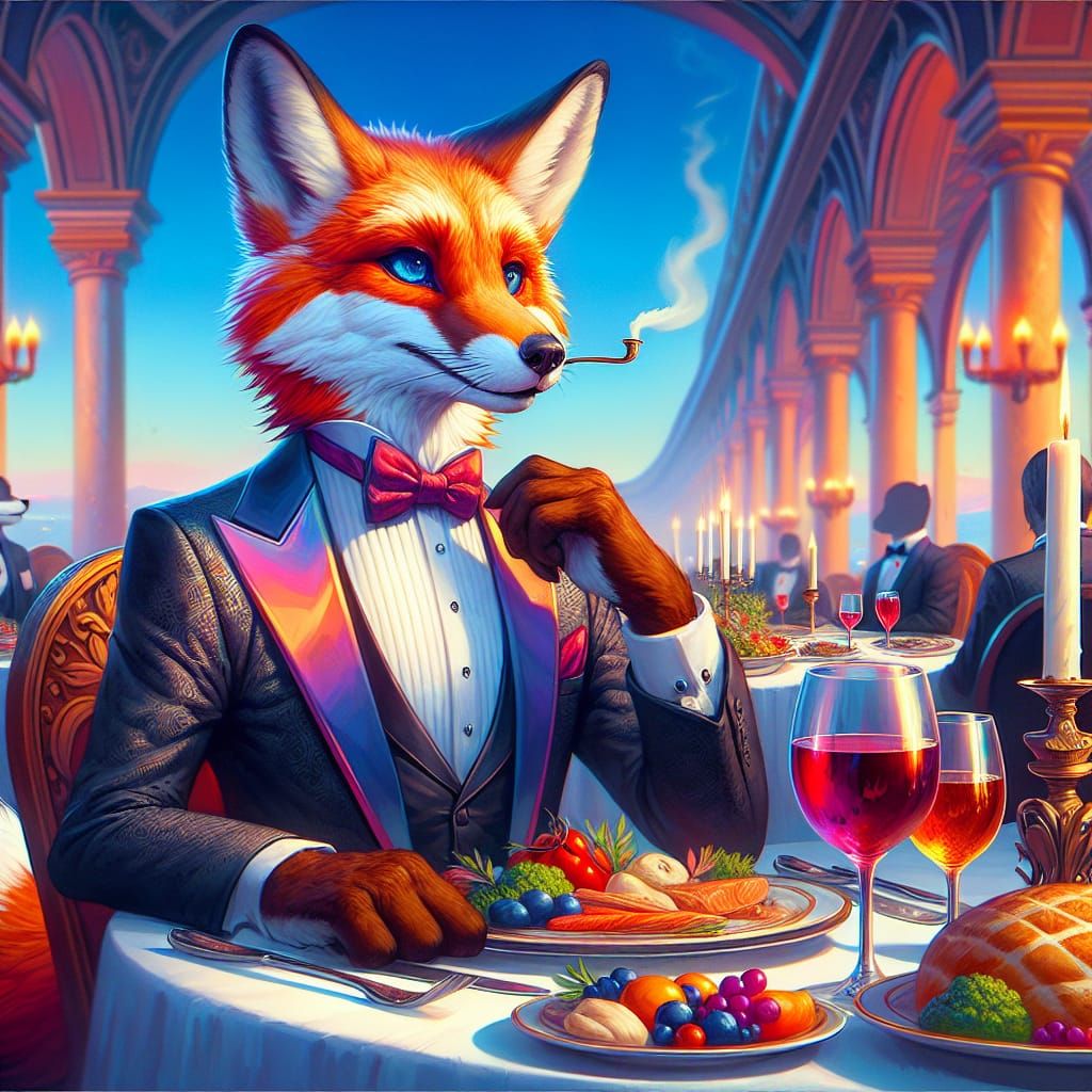 Fox in Tuxedo at Dinner Party as Matte Painting