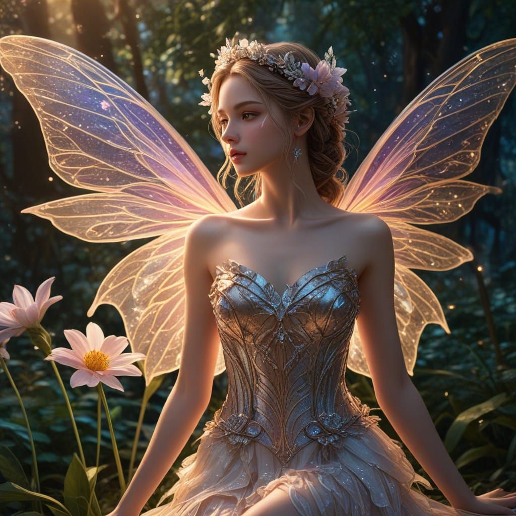 3D Anime Fairy with Glowing Iridescent Wings