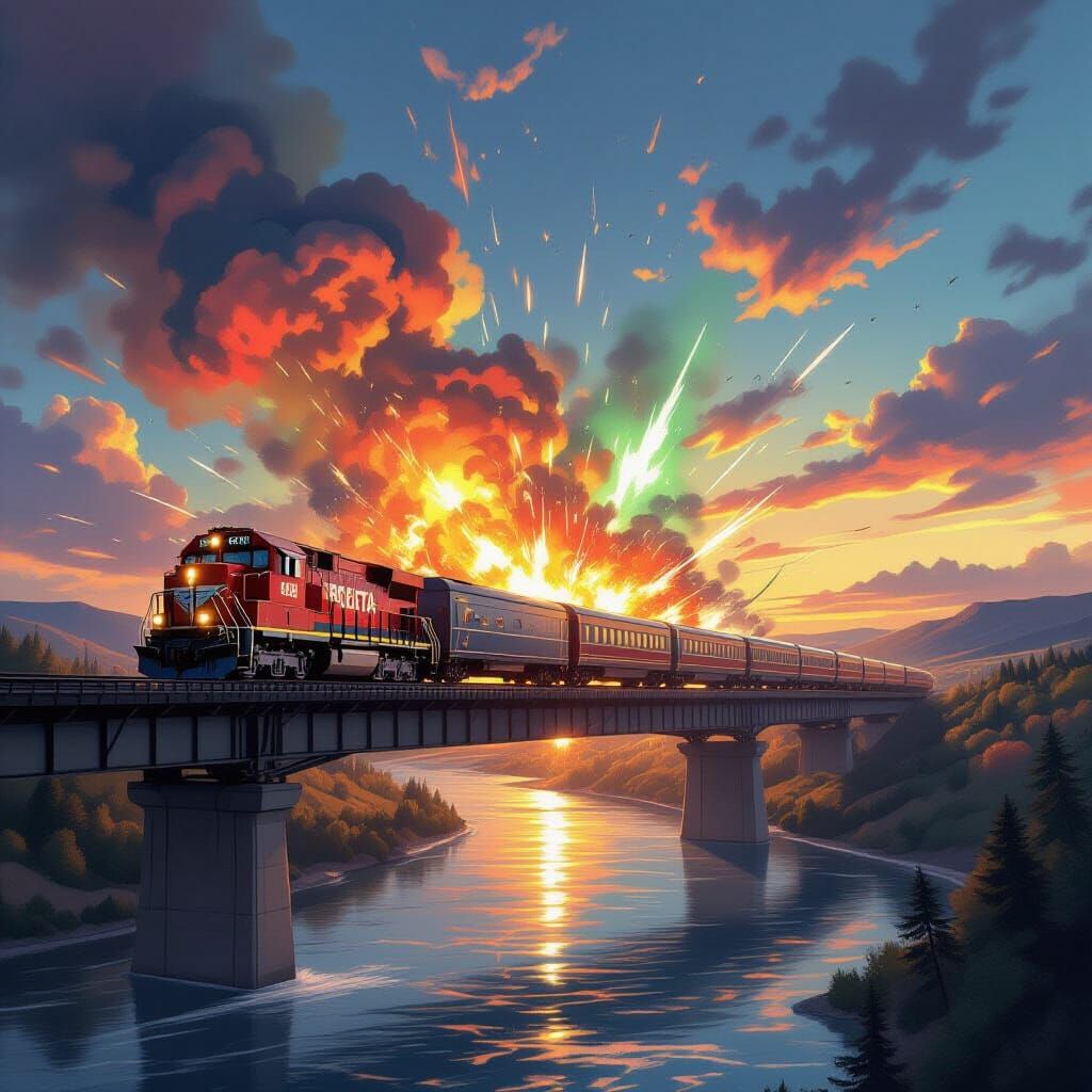 Train Bridge Explosion Over River Valley