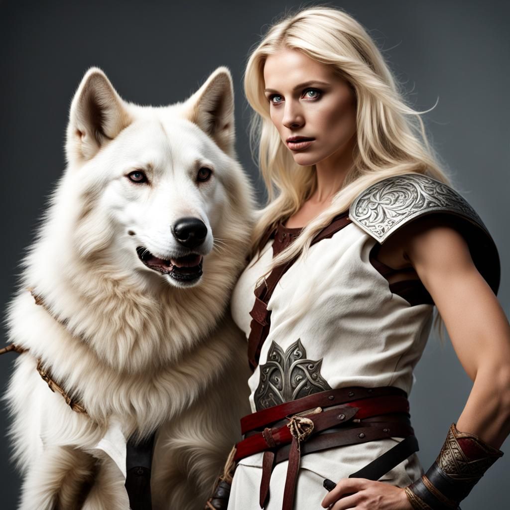 Nordic Warrior Woman with White Wolf