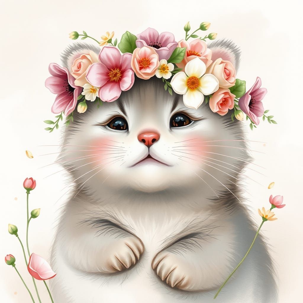 Pusheen with Floral Crown in Watercolor Style