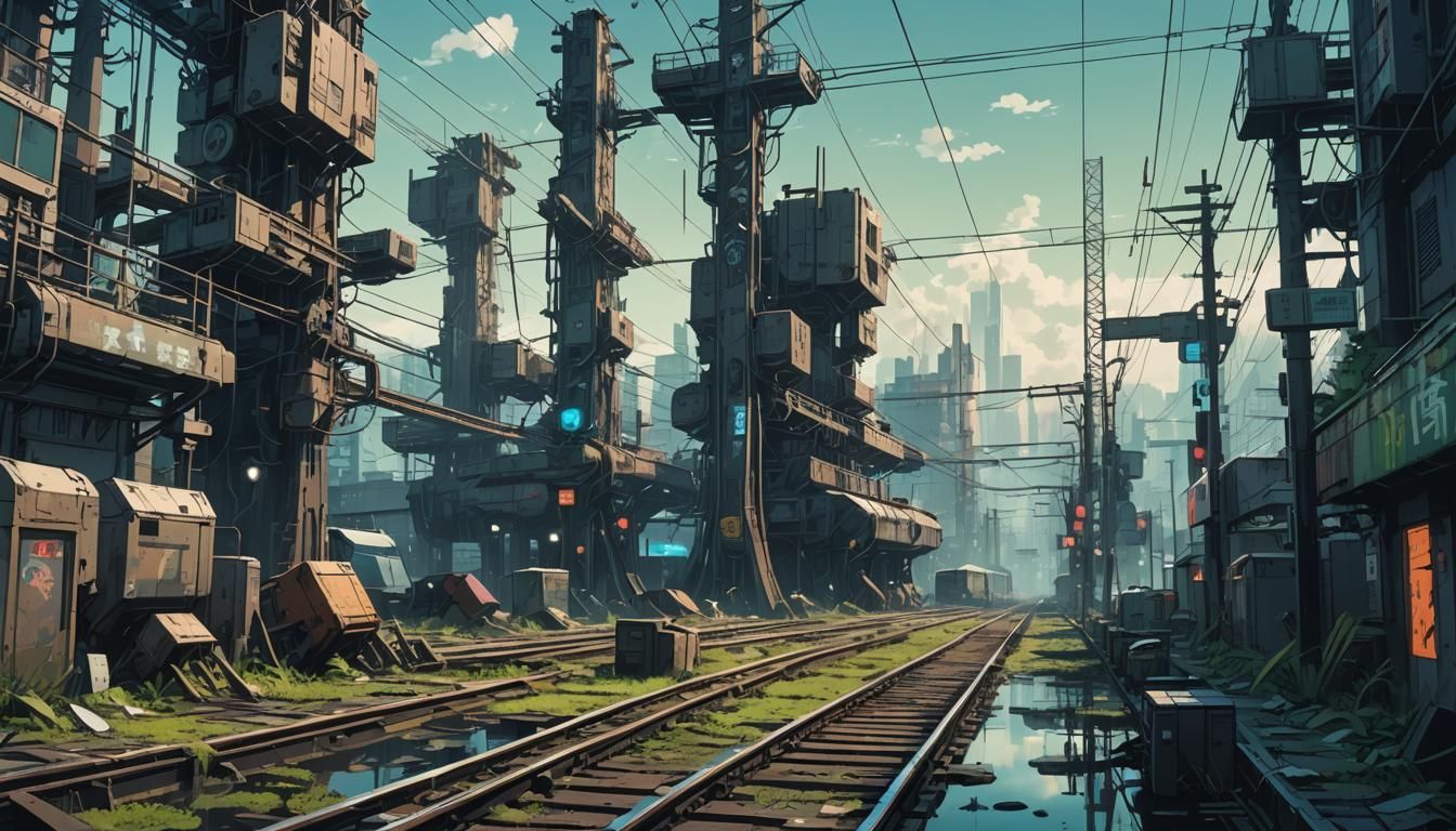 Cyberpunk City Alley with Swamp and Train Line