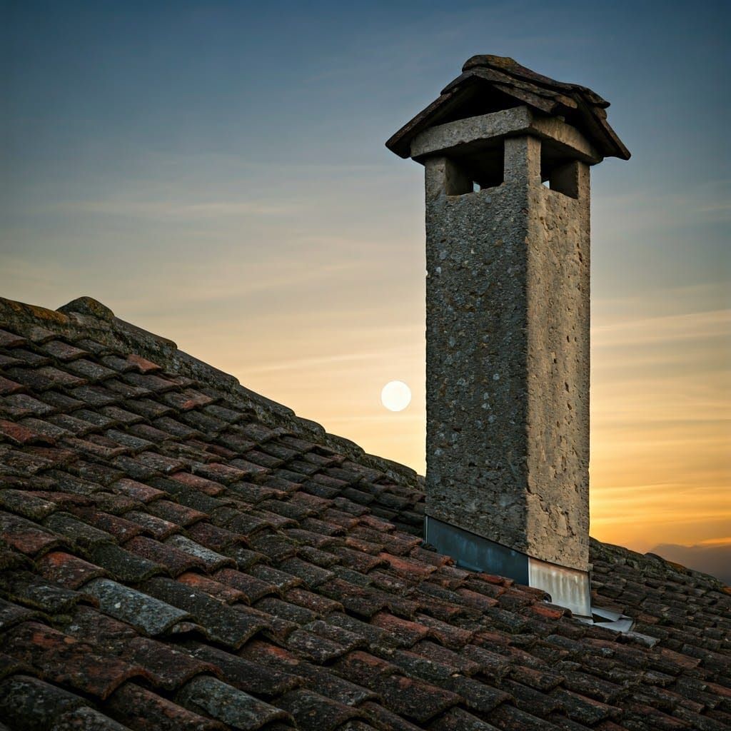 Rustic Roof and Twilight Moon in Atmospheric Style