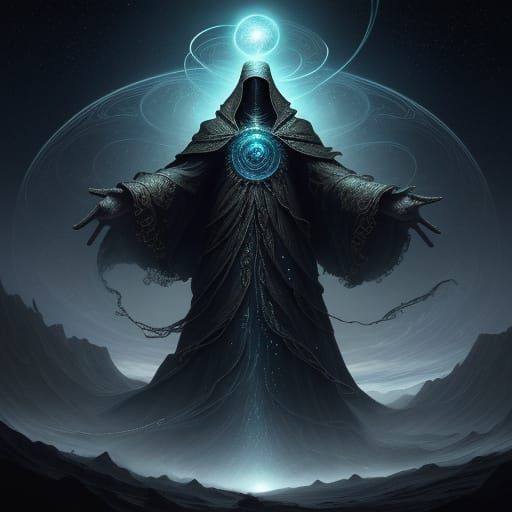 Mythological Creature of Layered Clothing in Cosmic Light