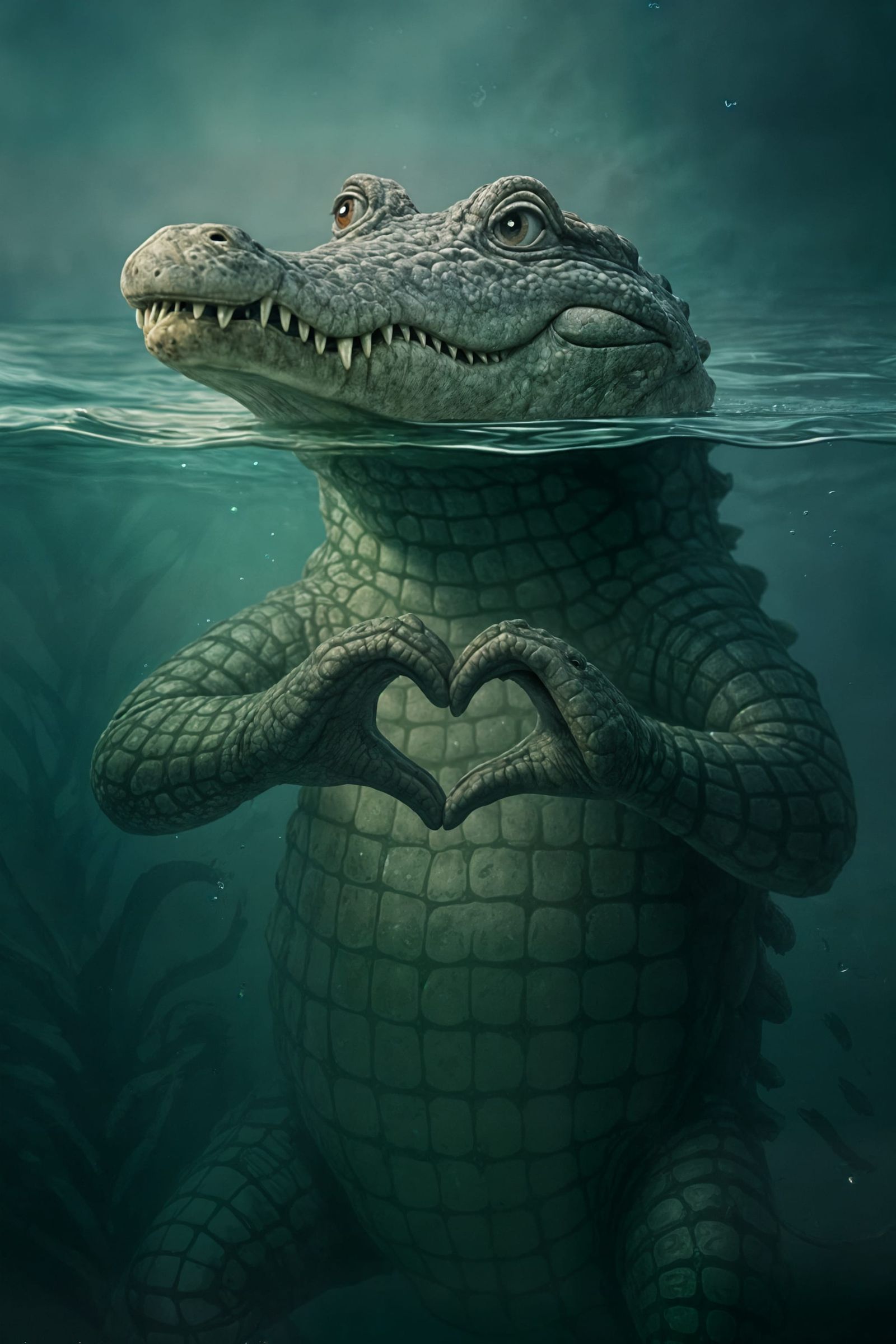 Underwater Crocodile Forms Heart: A Surreal Image