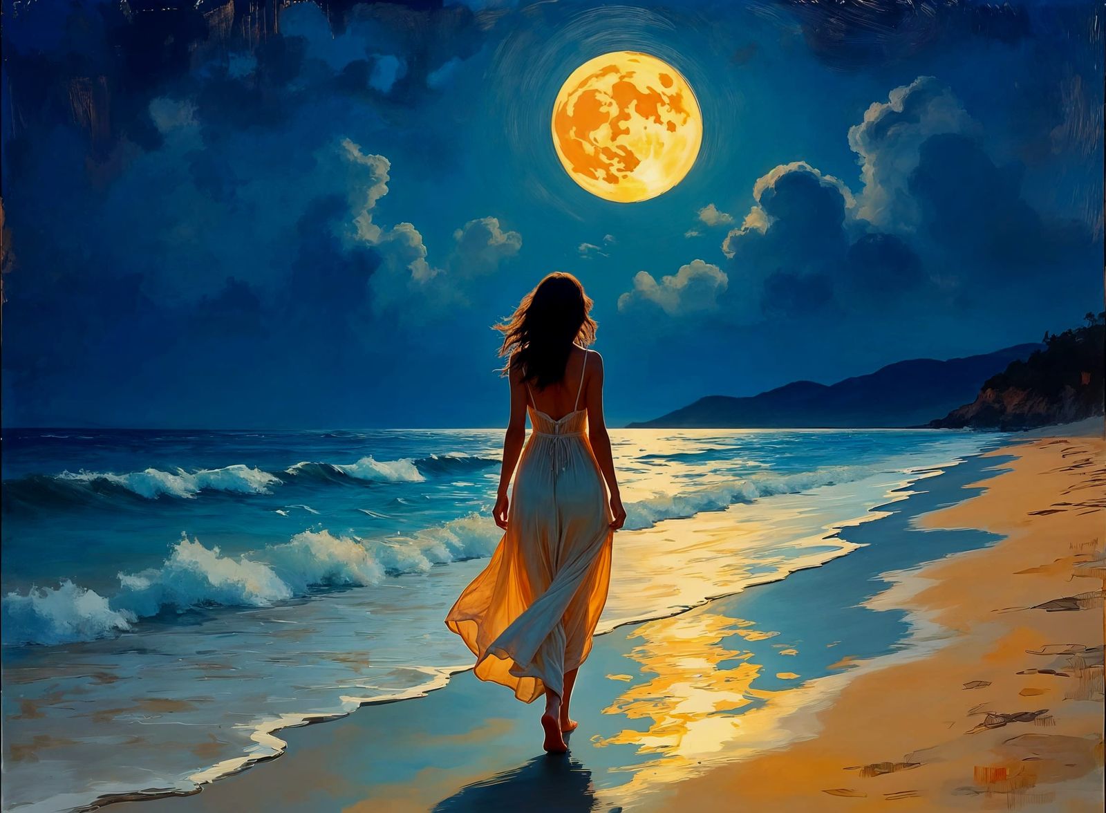 Woman on Moonlit Beach: Ascencio-Style Oil Painting