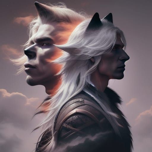 A youthful-looking witch and a wolf shifter male in human form, gray hair, Double exposure of a blond-haired meaning mal...