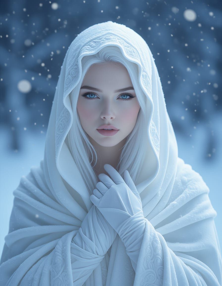 Ethereal Snow Woman in Futuristic Monochrome Style