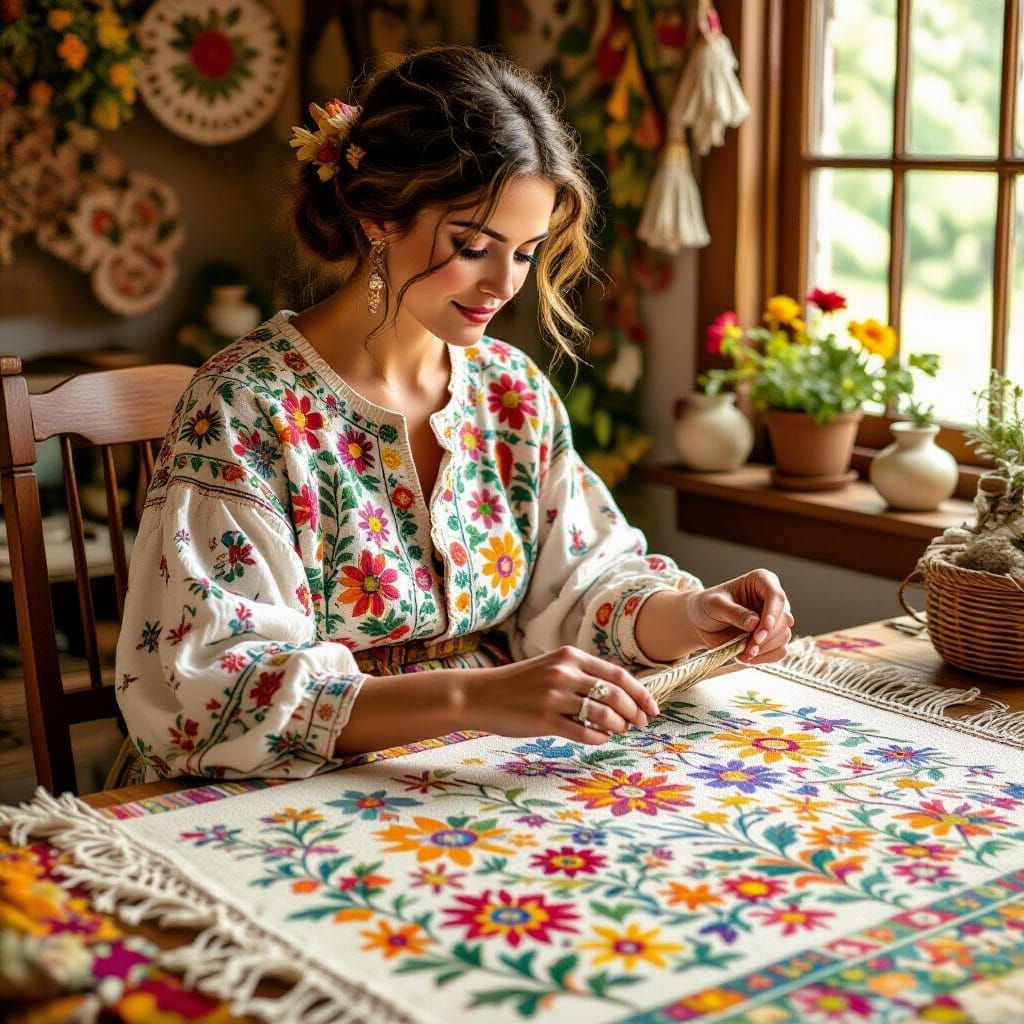 Young woman learns the art of weaving