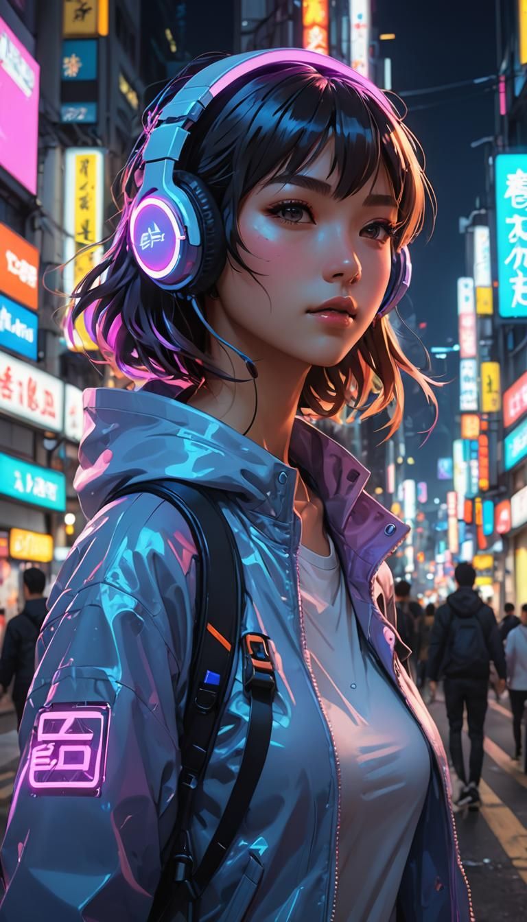 Headphones Wearing Anime Girl Walking in Neon lit Tokyo
