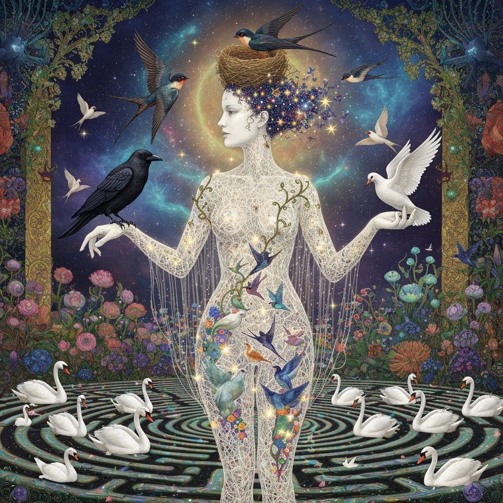 Ethereal Woman of Strings Dissolving into Birds Amidst Cosmi...
