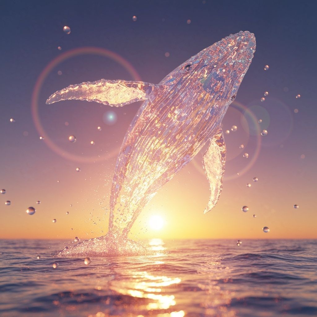 Crystal Water Whale Leaping from Fiery Sunset Ocean