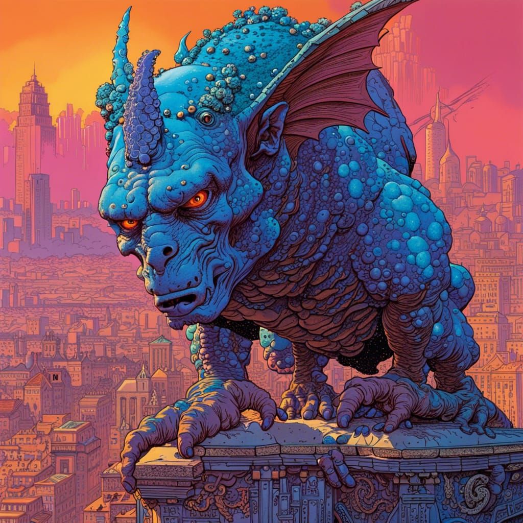 Cyborg Gargoyle in Moebius Style