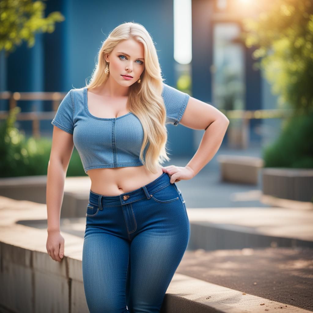 Blonde Woman in Blue Jeans Glamour Portrait