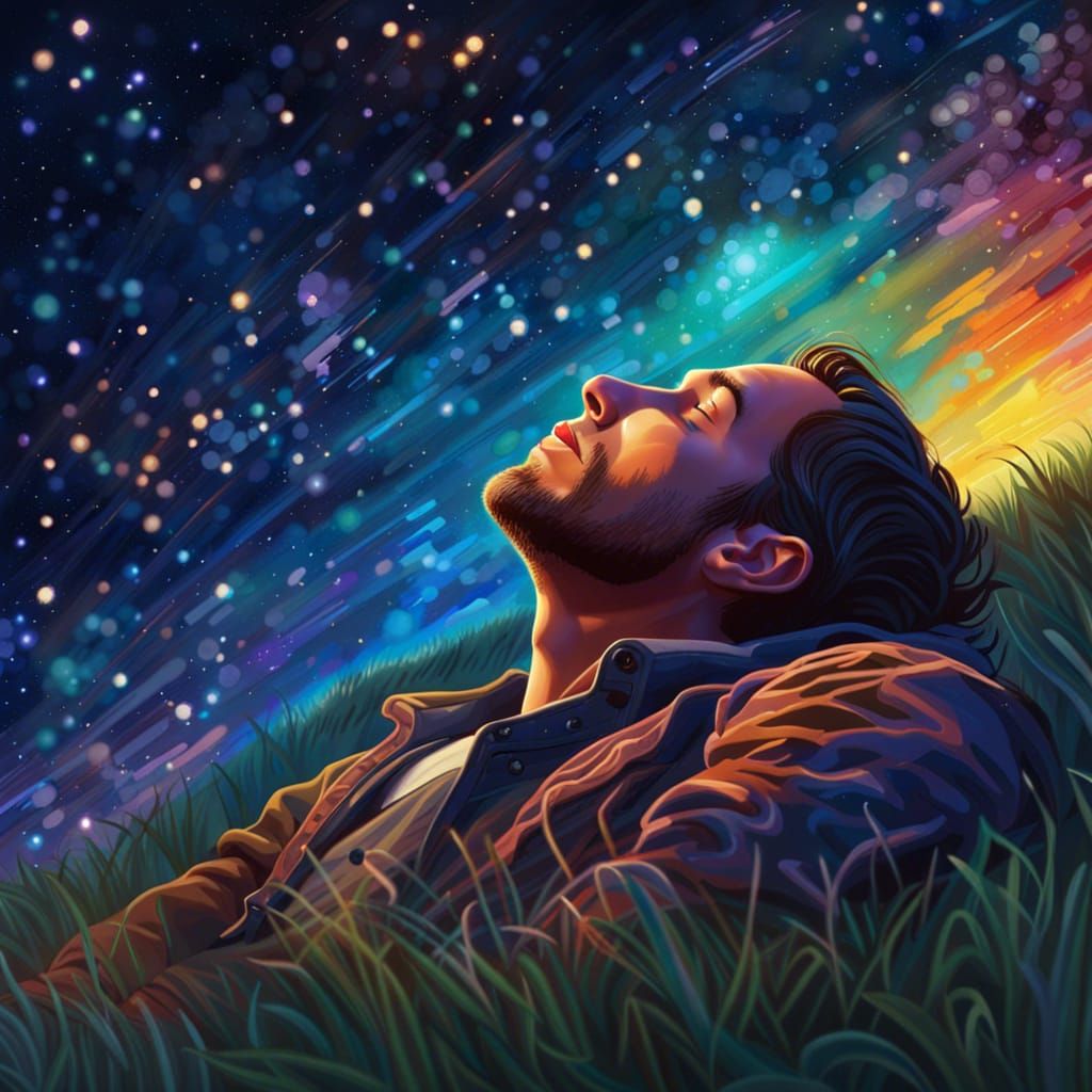 Man Gazing at Stars in Hyperrealistic Splash Art