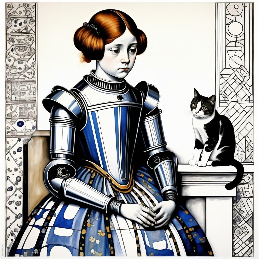 Robot Child with Cat: European Ink Print Style