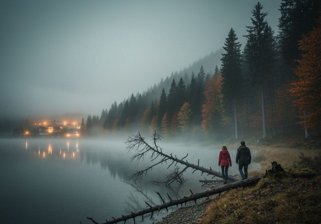 Foggy Autumn Forest and Lake at Dawn