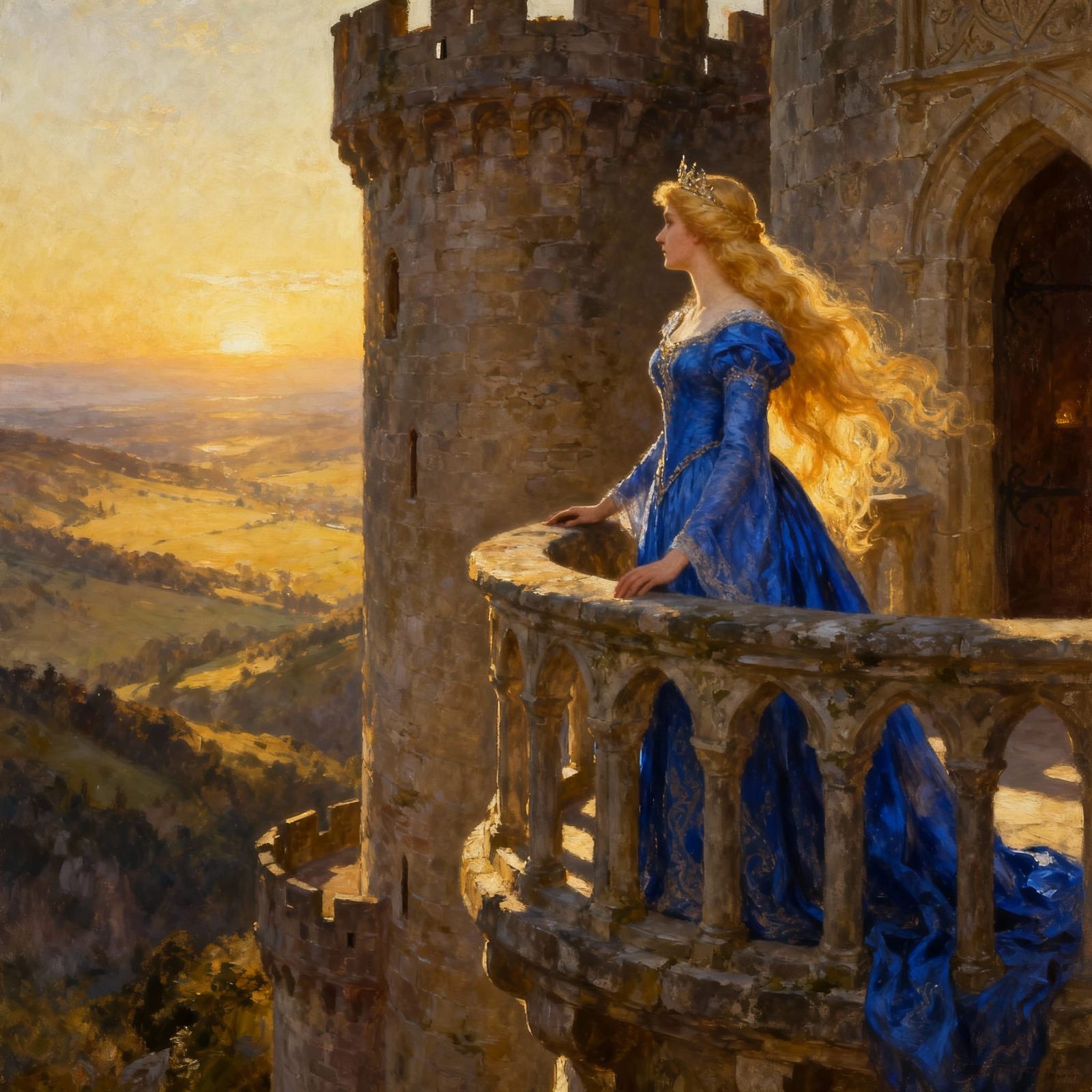 Princess on Medieval Balcony in Golden Hour Light