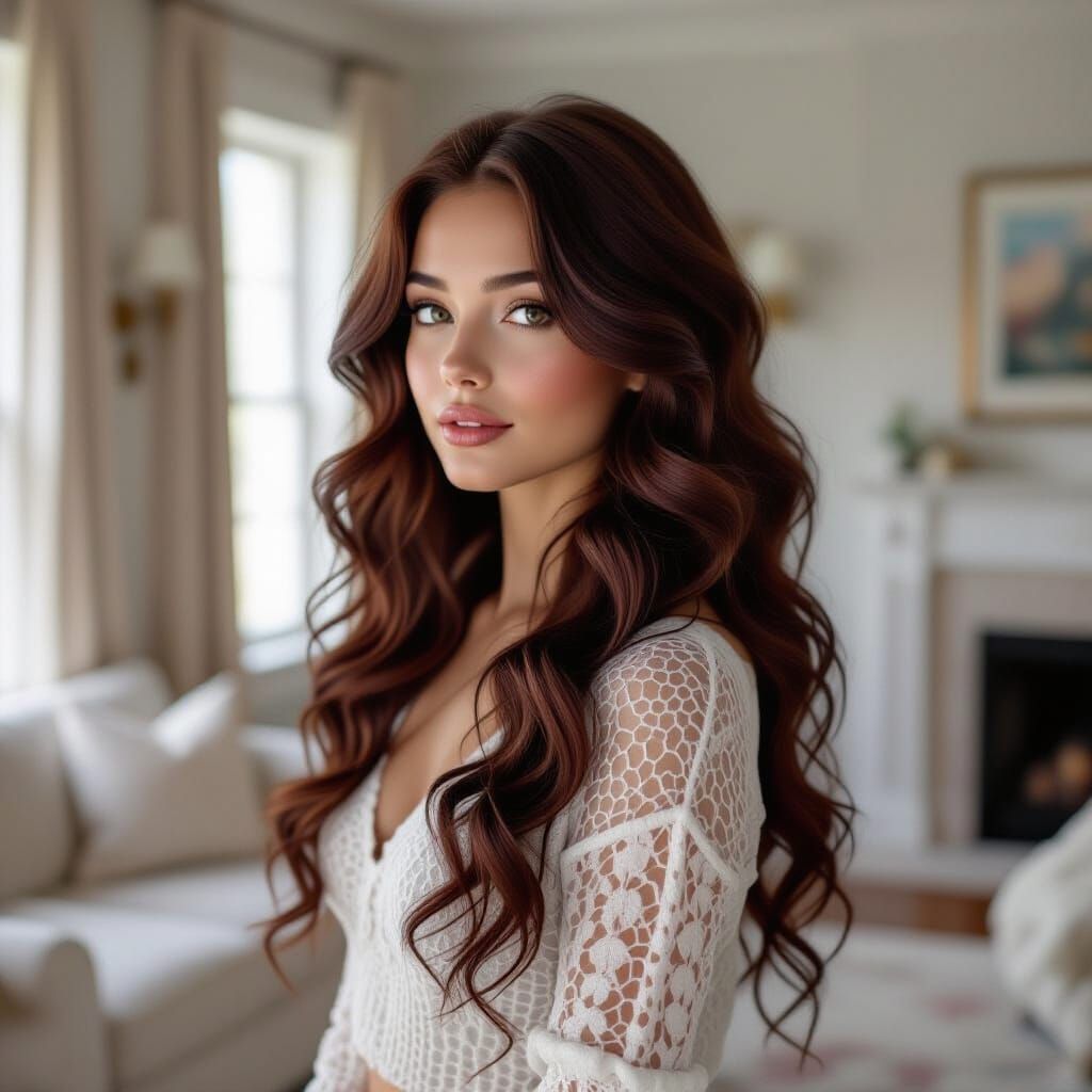 Photorealistic Woman with Curly Dark Red Hair in Detailed Ro...