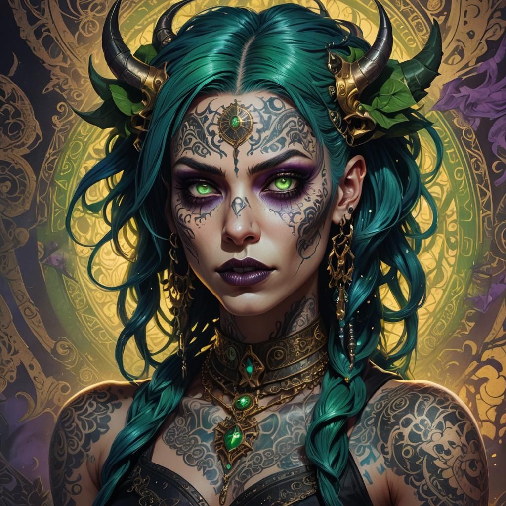 Gothic Demon Woman with Tattoos in Dark Fantasy Art