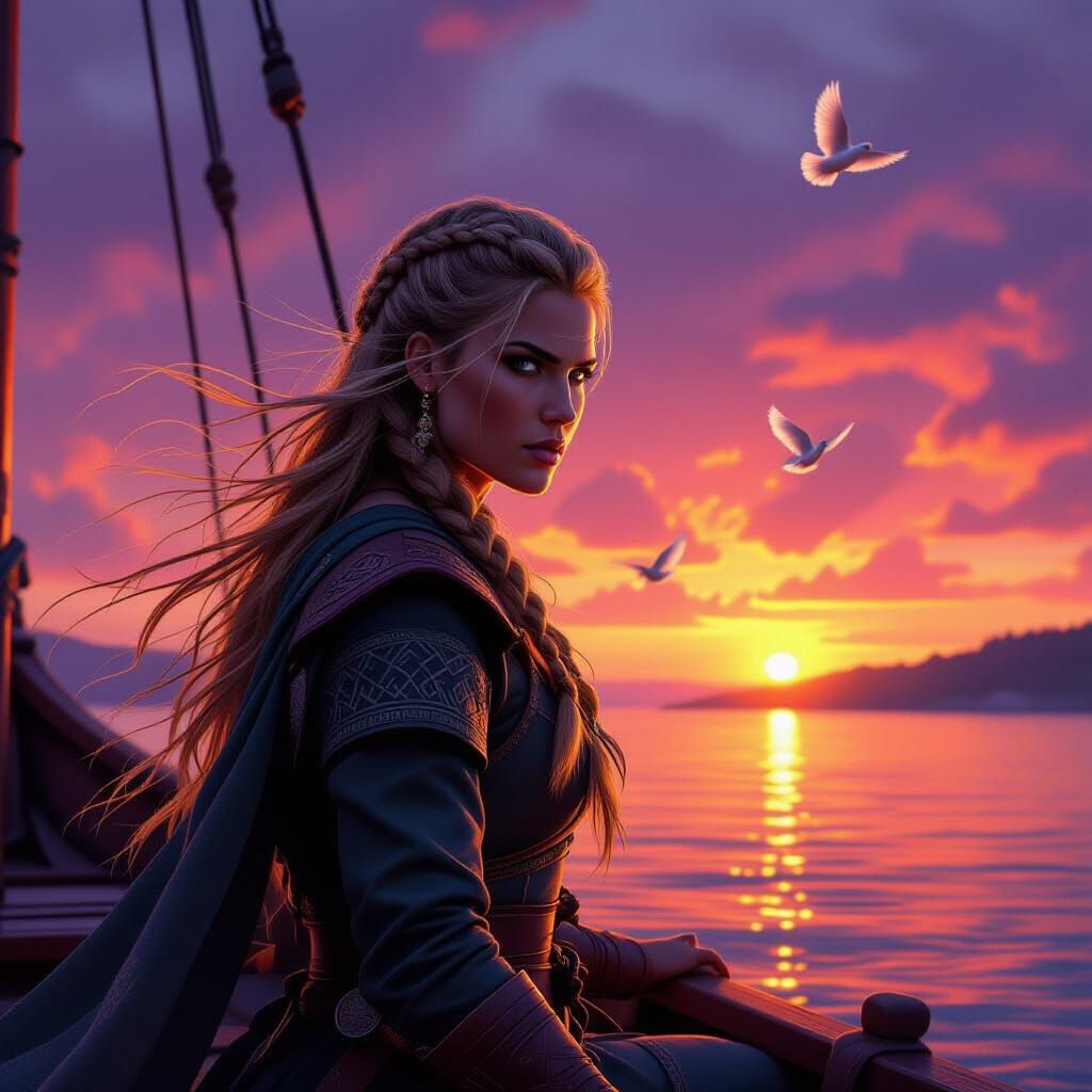 Viking Warrior in Scenic Bay at Sunset