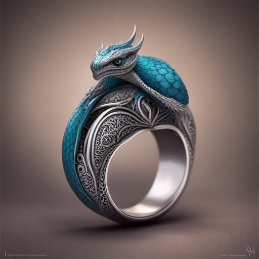 Teal Dragon Embraces Silver Ring: Fantasy Art