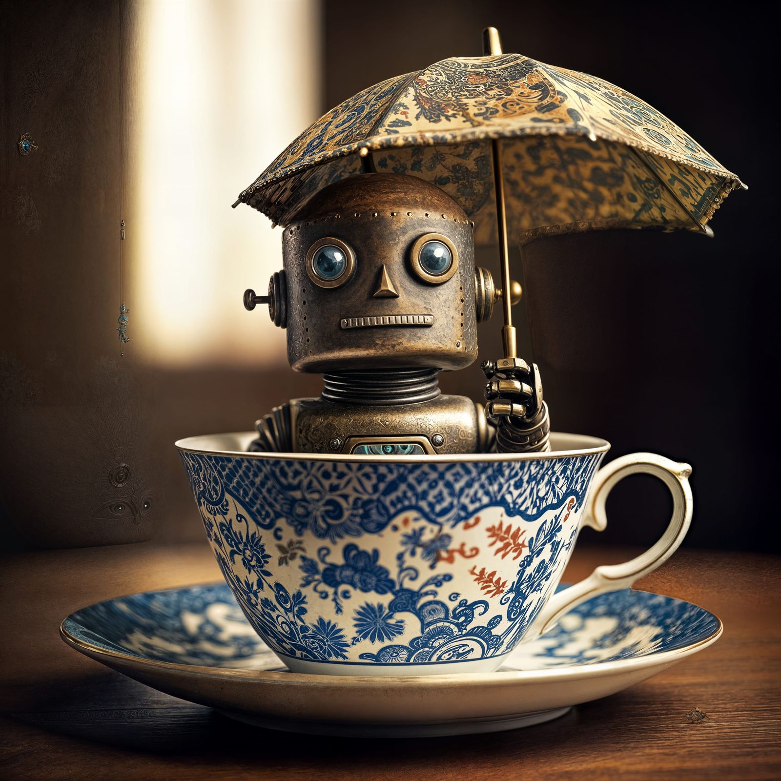Dieselpunk Robot in Teacup with Umbrella