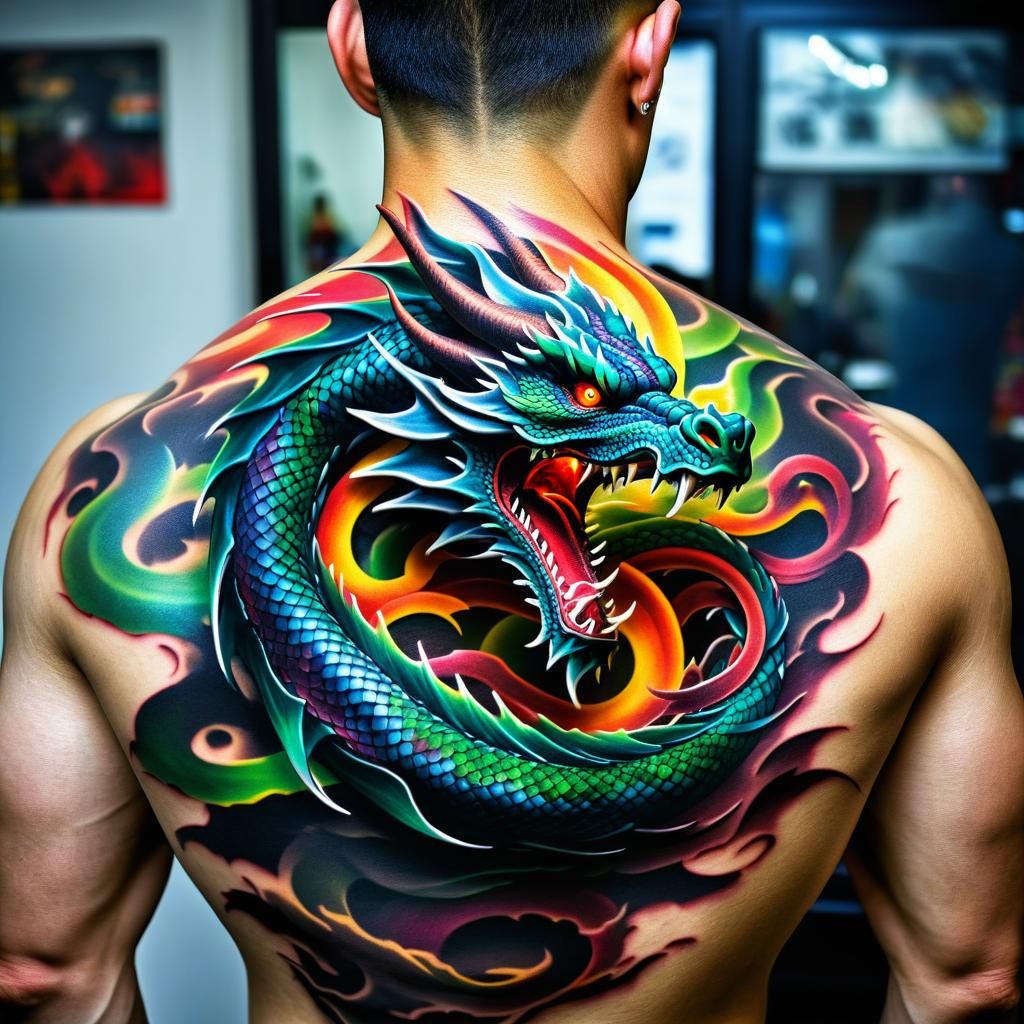 Dragon Tattoo Art on Man's Back in HDR