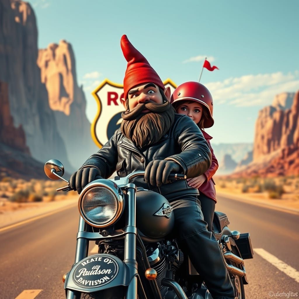 A beautiful 4D gnome wearing motorcycle clothing. The gnome ...