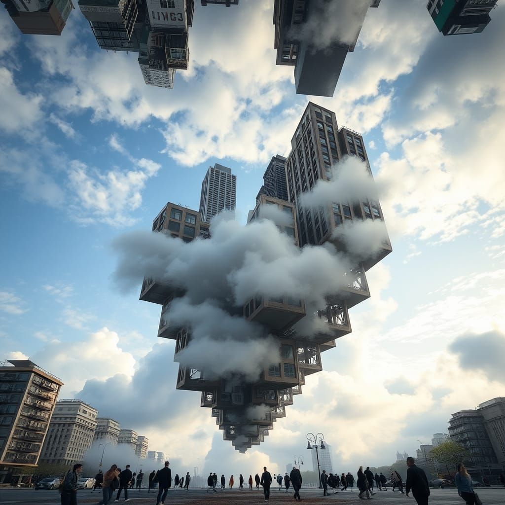Inverted Cityscape: Buildings Hanging from the Sky