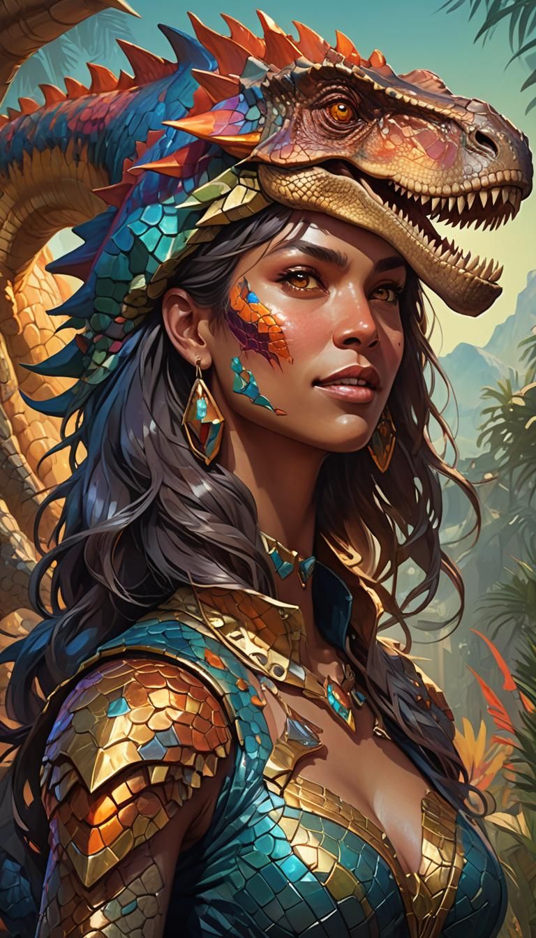 Dinosaur Woman Portrait in Art Nouveau Style