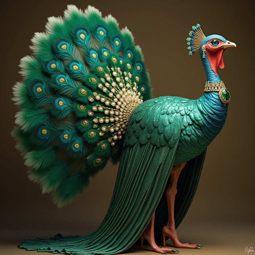a very attractive realistic Anthropomorphic lady turkey with a human face. dressed in a form fitting glittery gown, matc...