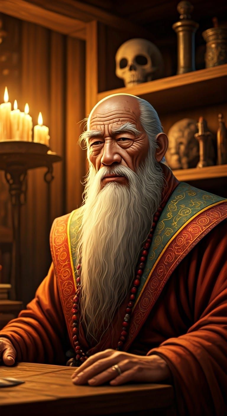 Contemplative Wizard Portrait in Ornate Style