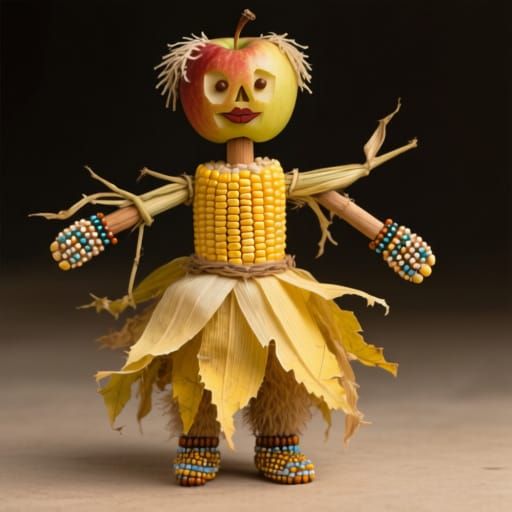 " A corn shuck doll with a skirt made of peeling yellow corn...