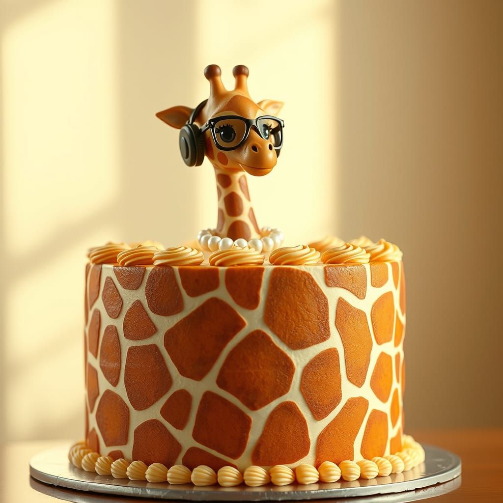 Surreal Giraffe Cake with Pearl Headphones in Warm, Golden H...