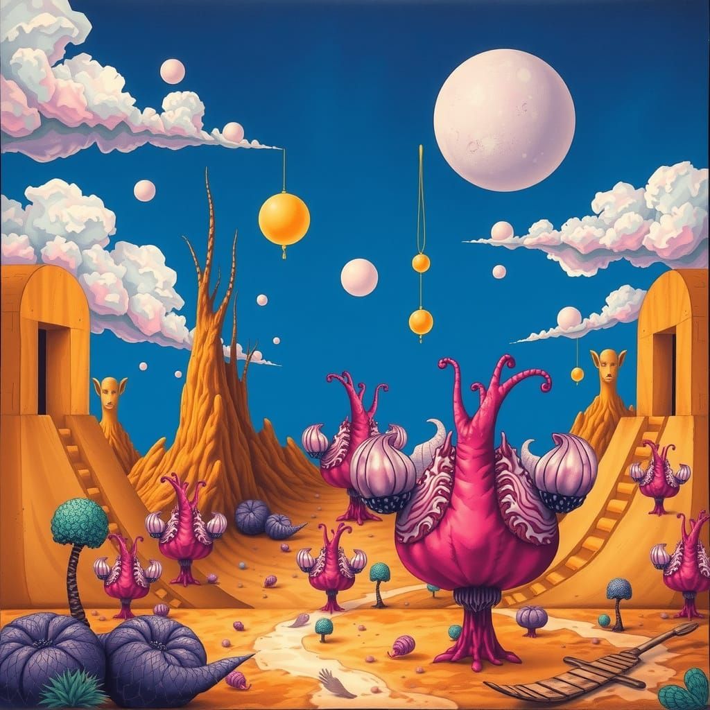 Surrealist Gouache Artwork in Ultramarine and Sienna