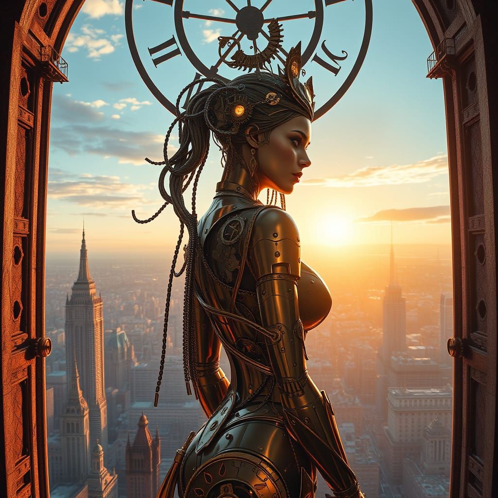 Brass Automaton Surveys Cityscape at Sunset